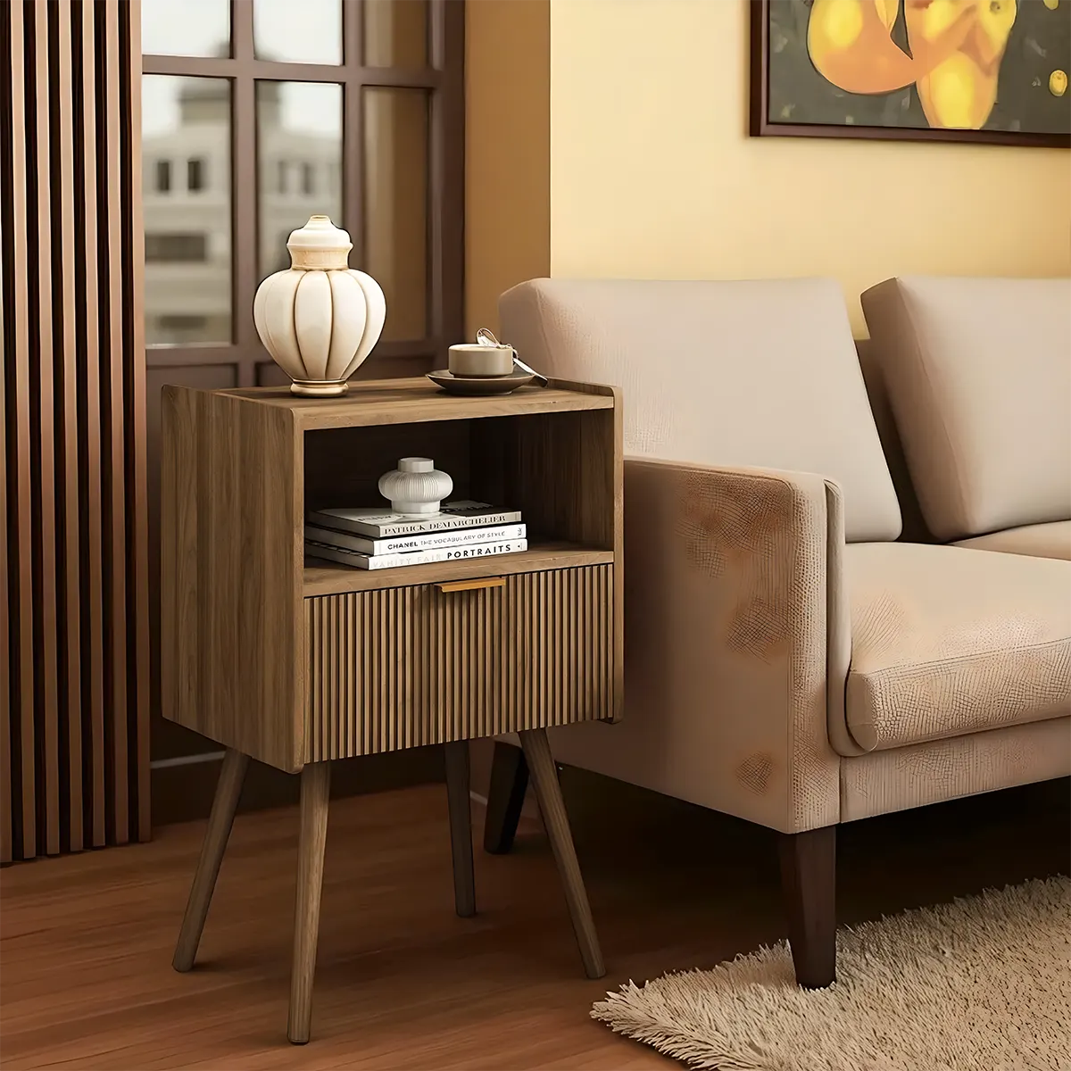 Mid‑Century Brown Wood End Table – Refined Retro Bedside Shelf 