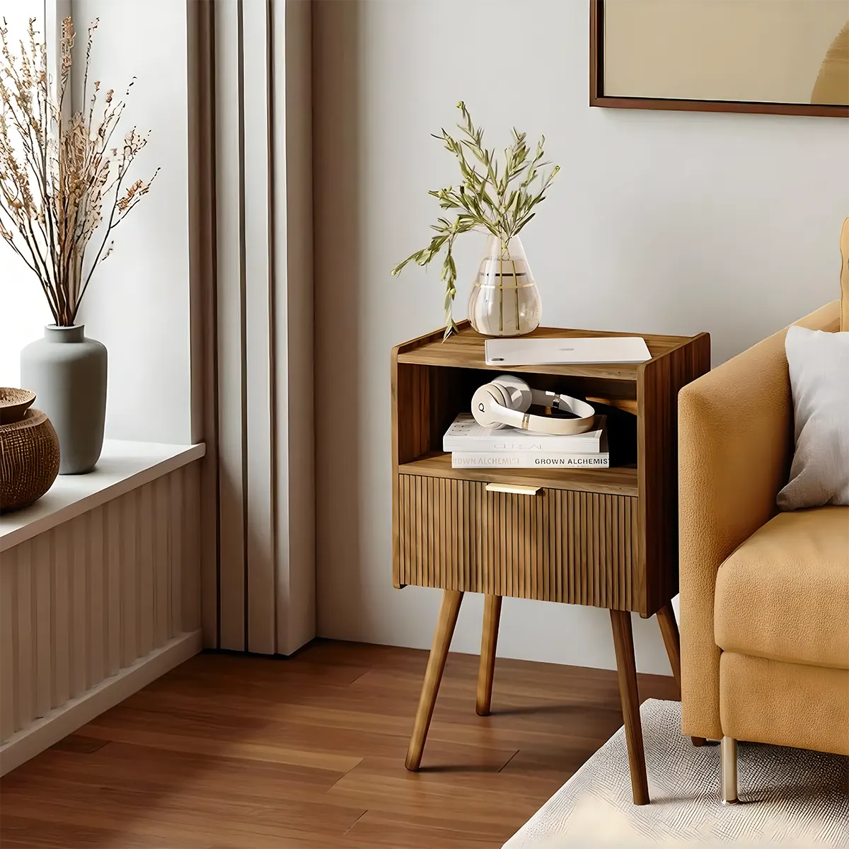 Mid‑Century Brown Wood End Table – Refined Retro Bedside Shelf 