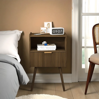Mid‑Century Brown Wood End Table – Refined Retro Bedside Shelf 