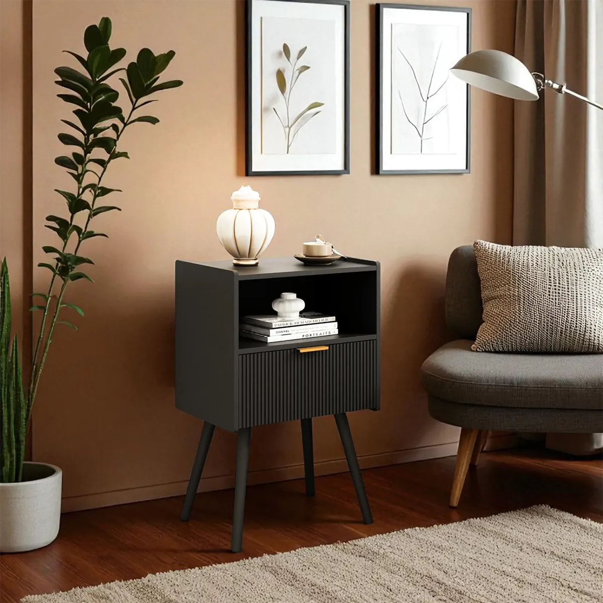 Mid‑Century Brown Wood End Table – Refined Retro Bedside Shelf 