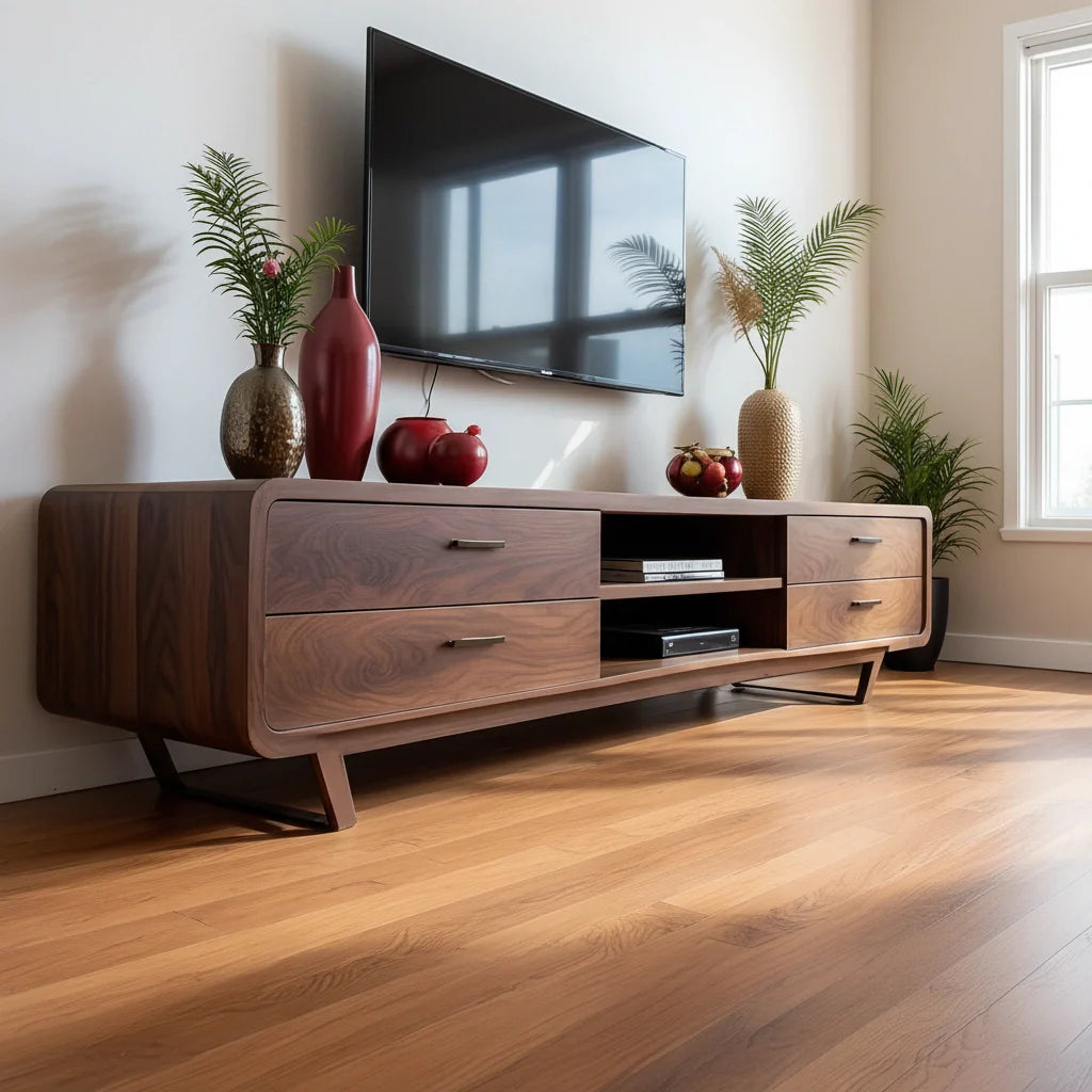Mid-Century Modern Solid Walnut TV Stand with Rounded Corners - Rustira