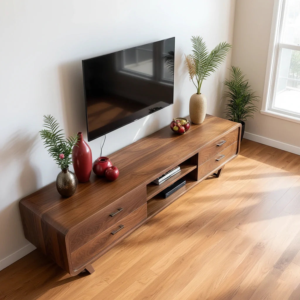 Mid-Century Modern Solid Walnut TV Stand with Rounded Corners - Rustira