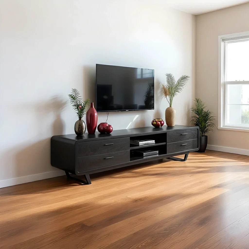 Mid-Century Modern Solid Walnut TV Stand with Rounded Corners - Rustira