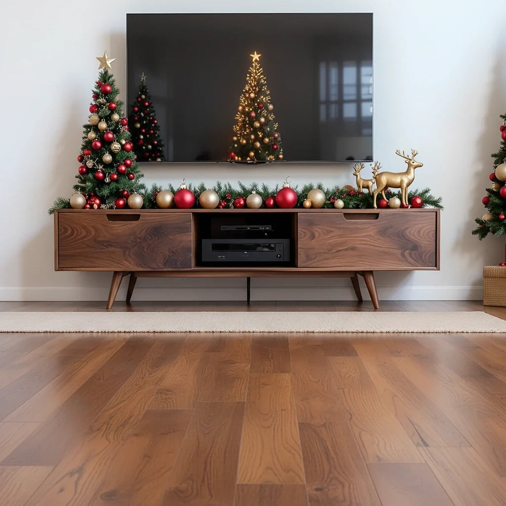 Mid-Century Modern Solid Wood TV Stand with Clean Walnut Finish - Rustira