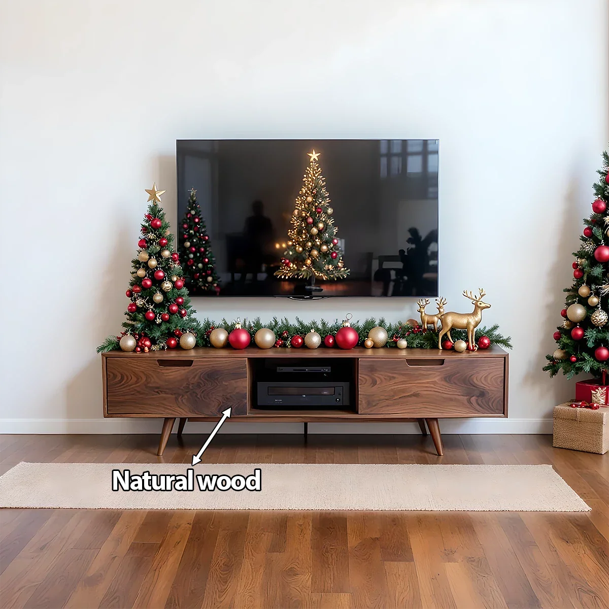 Mid-Century Modern Solid Wood TV Stand with Clean Walnut Finish - Rustira