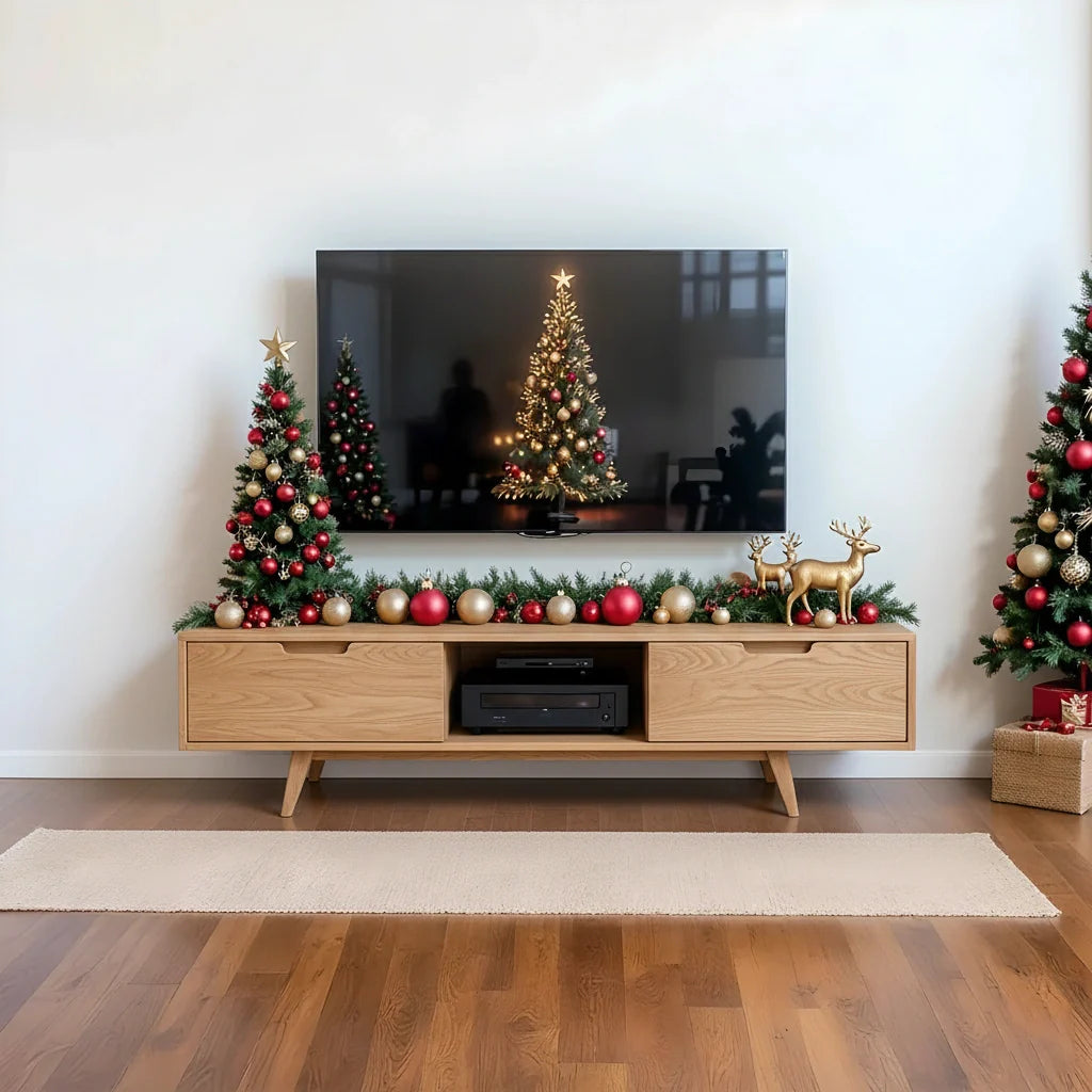 Mid-Century Modern Solid Wood TV Stand with Clean Walnut Finish - Rustira