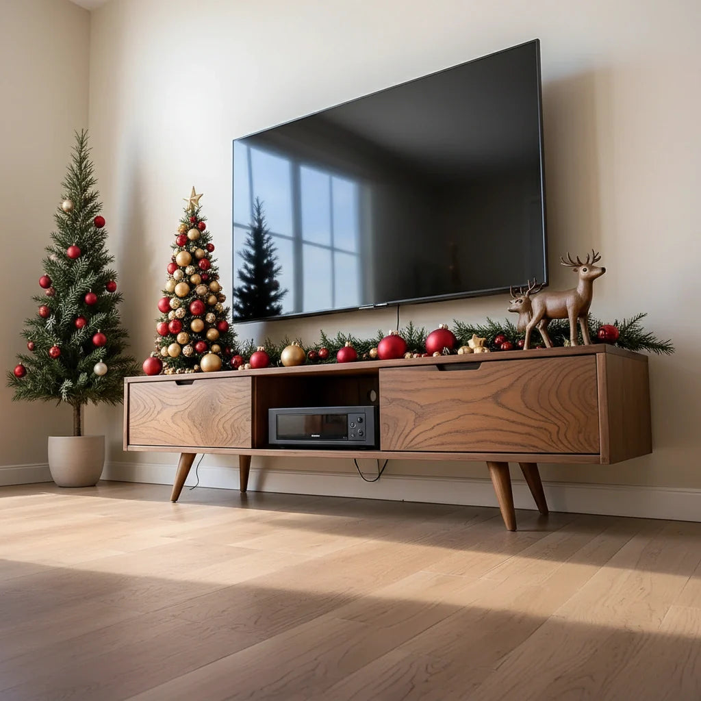 Mid-Century Solid Wood TV Stand with Tapered Legs & Storage Drawers - Rustira