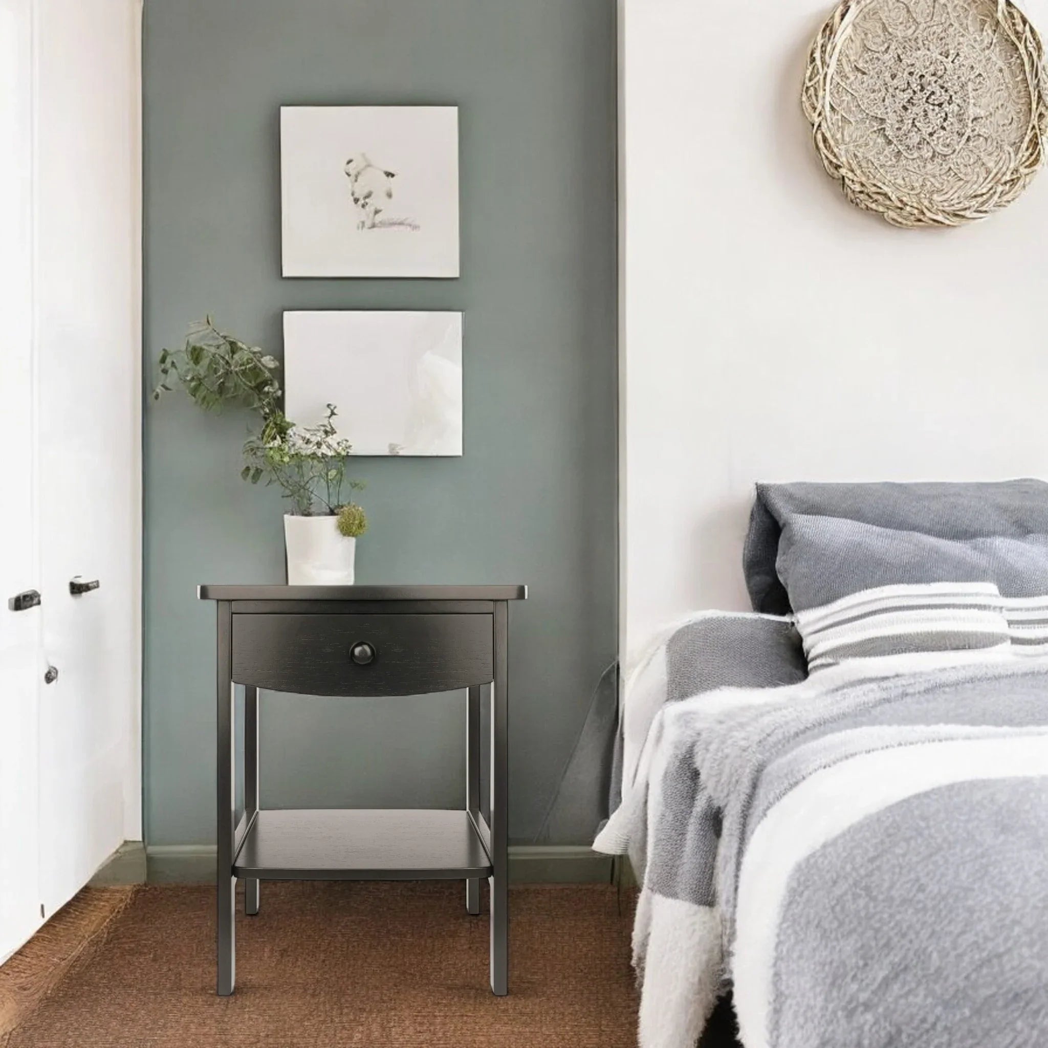 Minimalist Black Wood Nightstand with Drawer and Open Shelf 