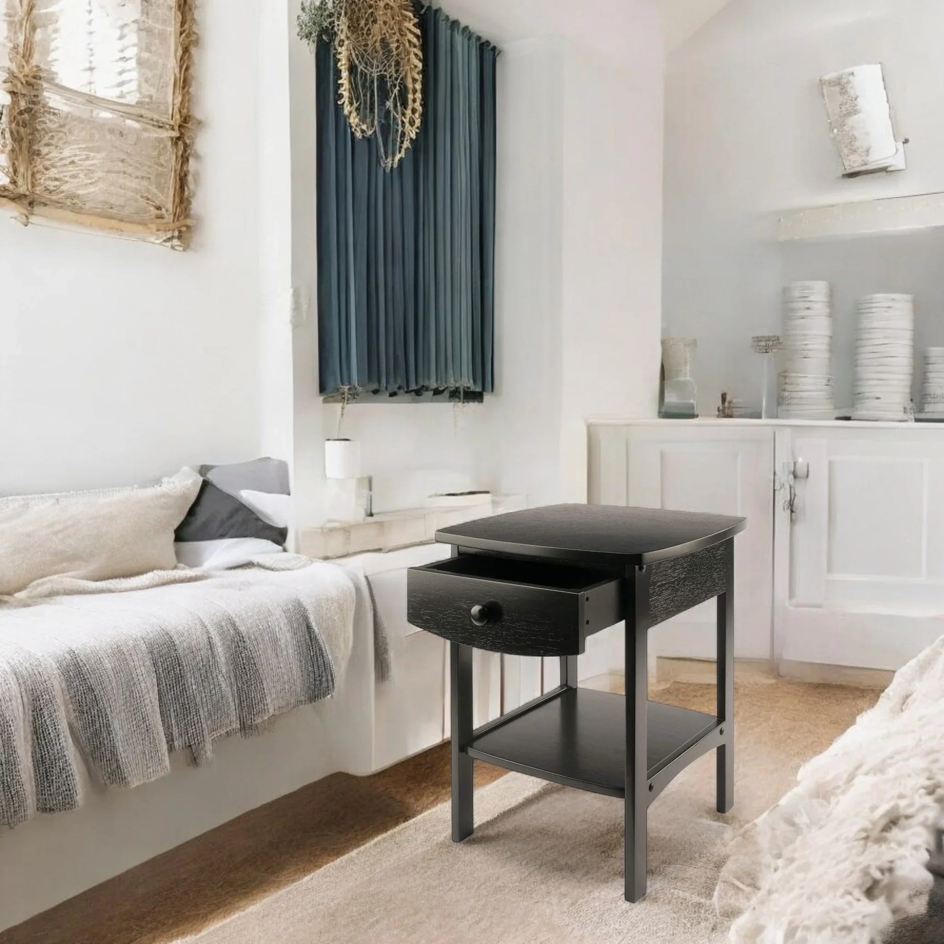 Minimalist Black Wood Nightstand with Drawer and Open Shelf 