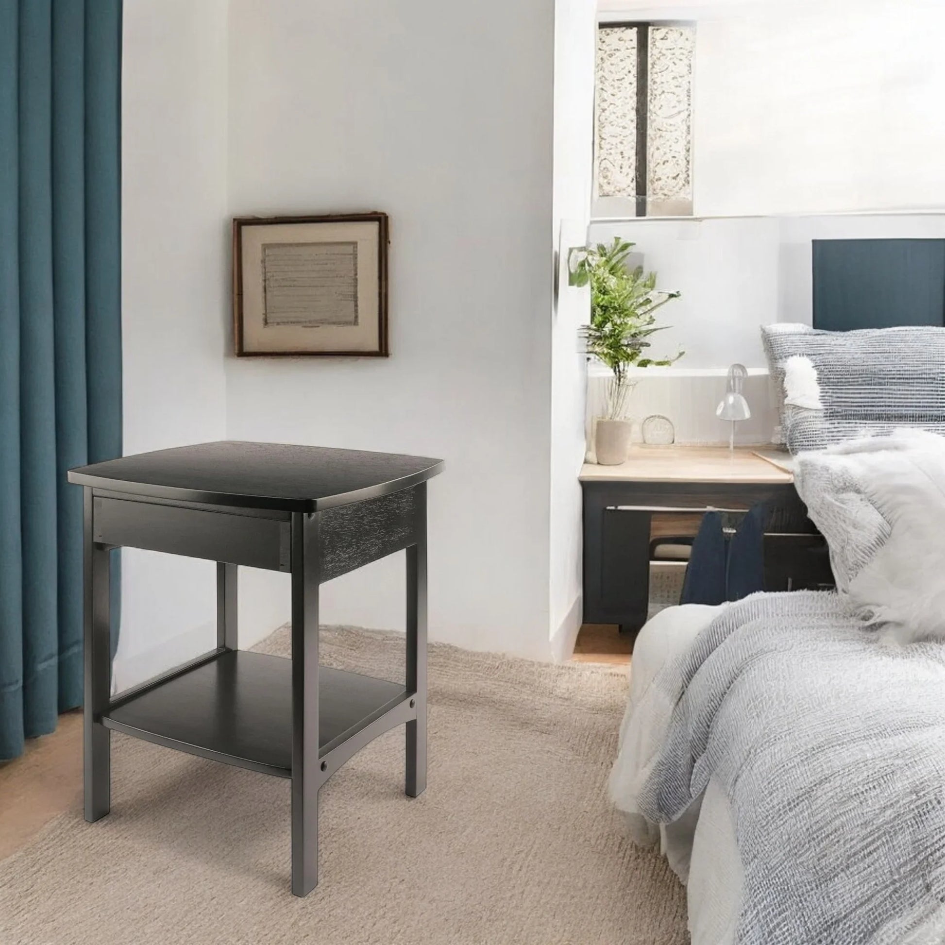 Minimalist Black Wood Nightstand with Drawer and Open Shelf 