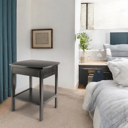 Minimalist Black Wood Nightstand with Drawer and Open Shelf 