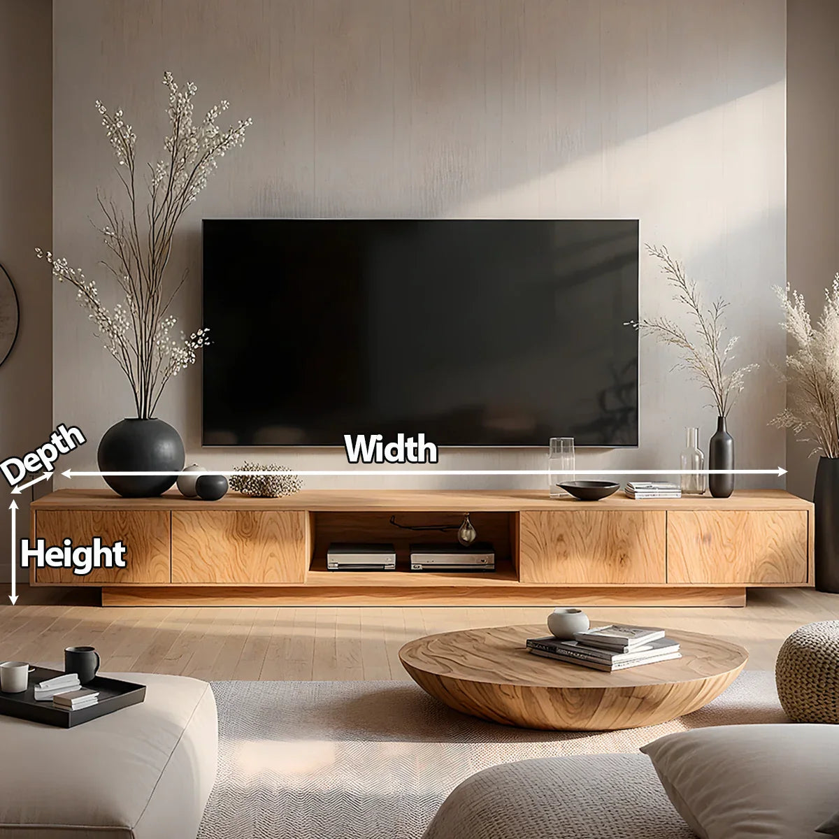 Minimalist Solid Wood Japandi TV Stand with Soft Grain & Open Shelf - Rustira