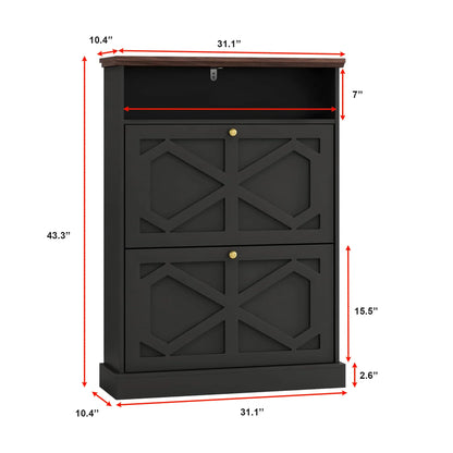 Modern Black 2-Tier Shoe Cabinet with X-Design & Top Shelf 
