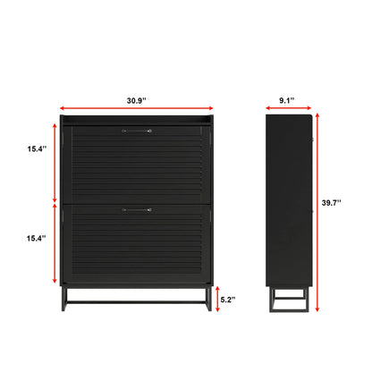 Modern Black Double Flip-Drawer Shoe Cabinet with Metal Base 