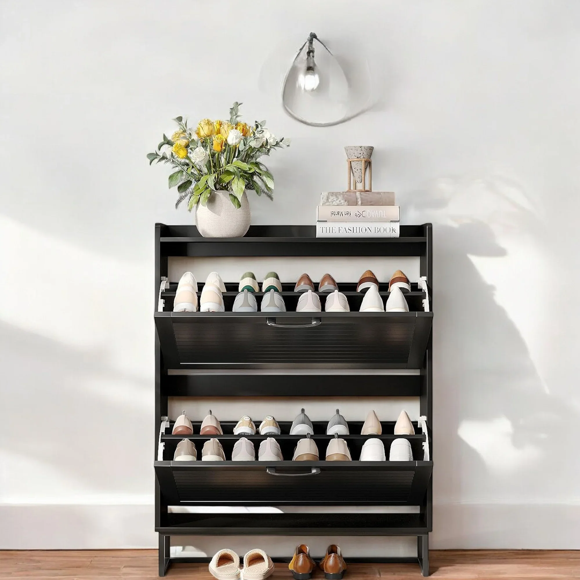 Modern Black Double Flip-Drawer Shoe Cabinet with Metal Base 