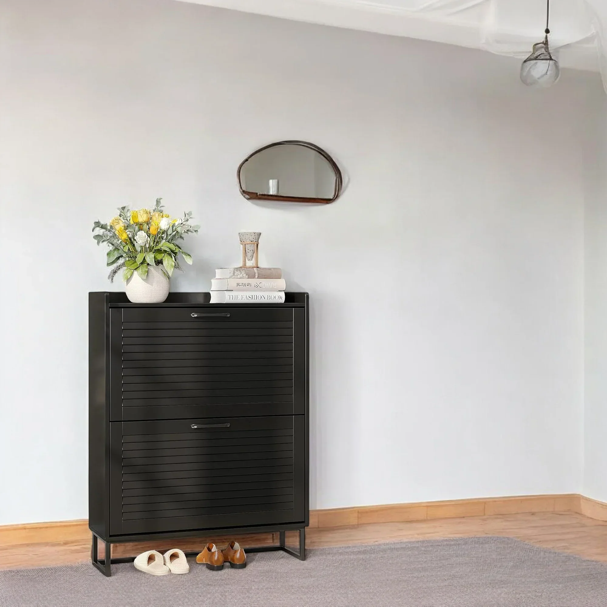 Modern Black Double Flip-Drawer Shoe Cabinet with Metal Base 