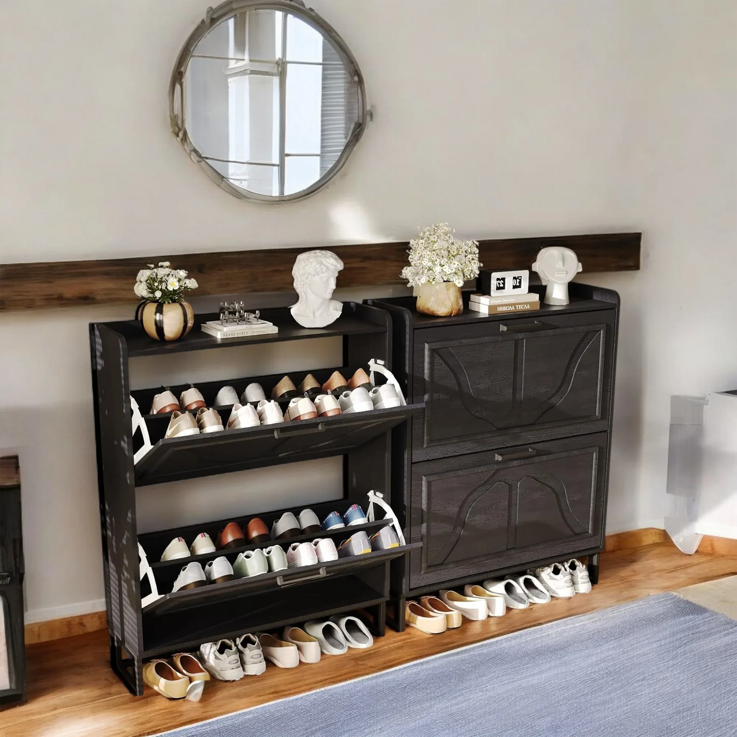 Modern Black Shoe Cabinet with 2 Flip Drawers & Open Shelf 