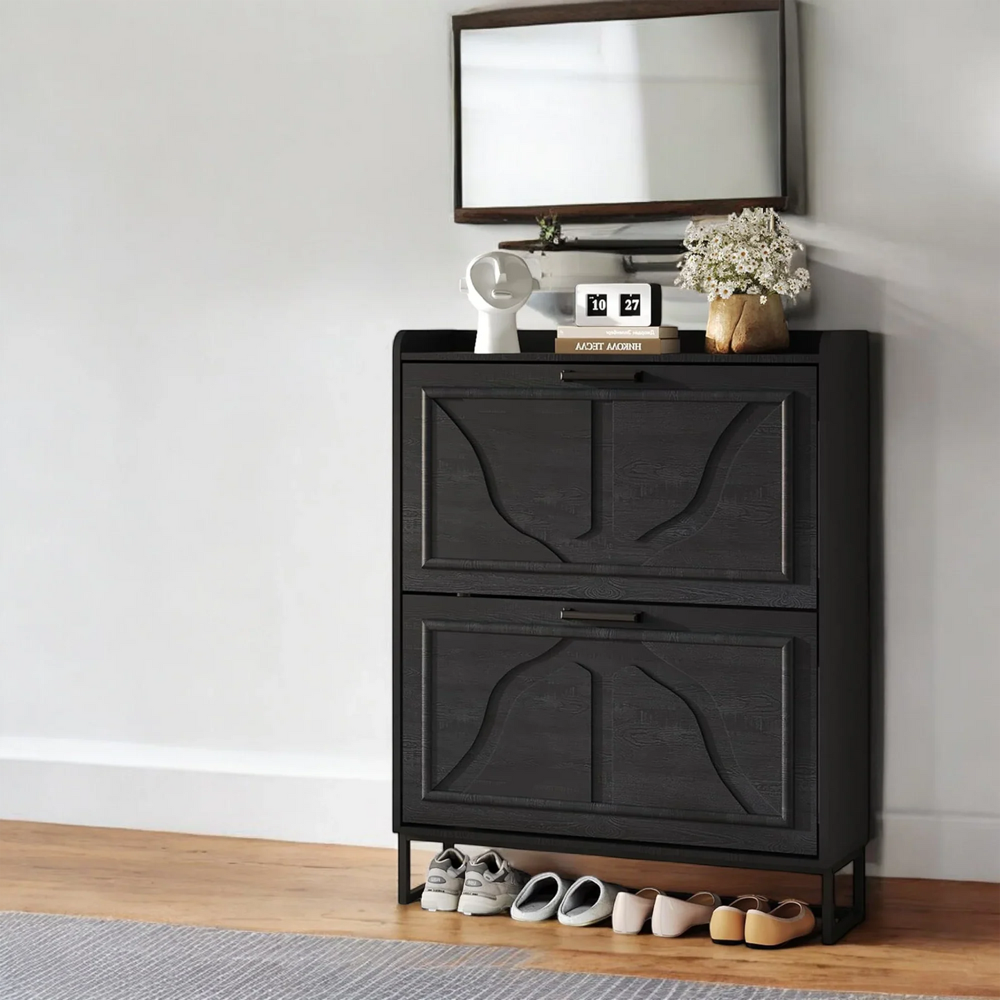 Modern Black Shoe Cabinet with 2 Flip Drawers & Open Shelf 