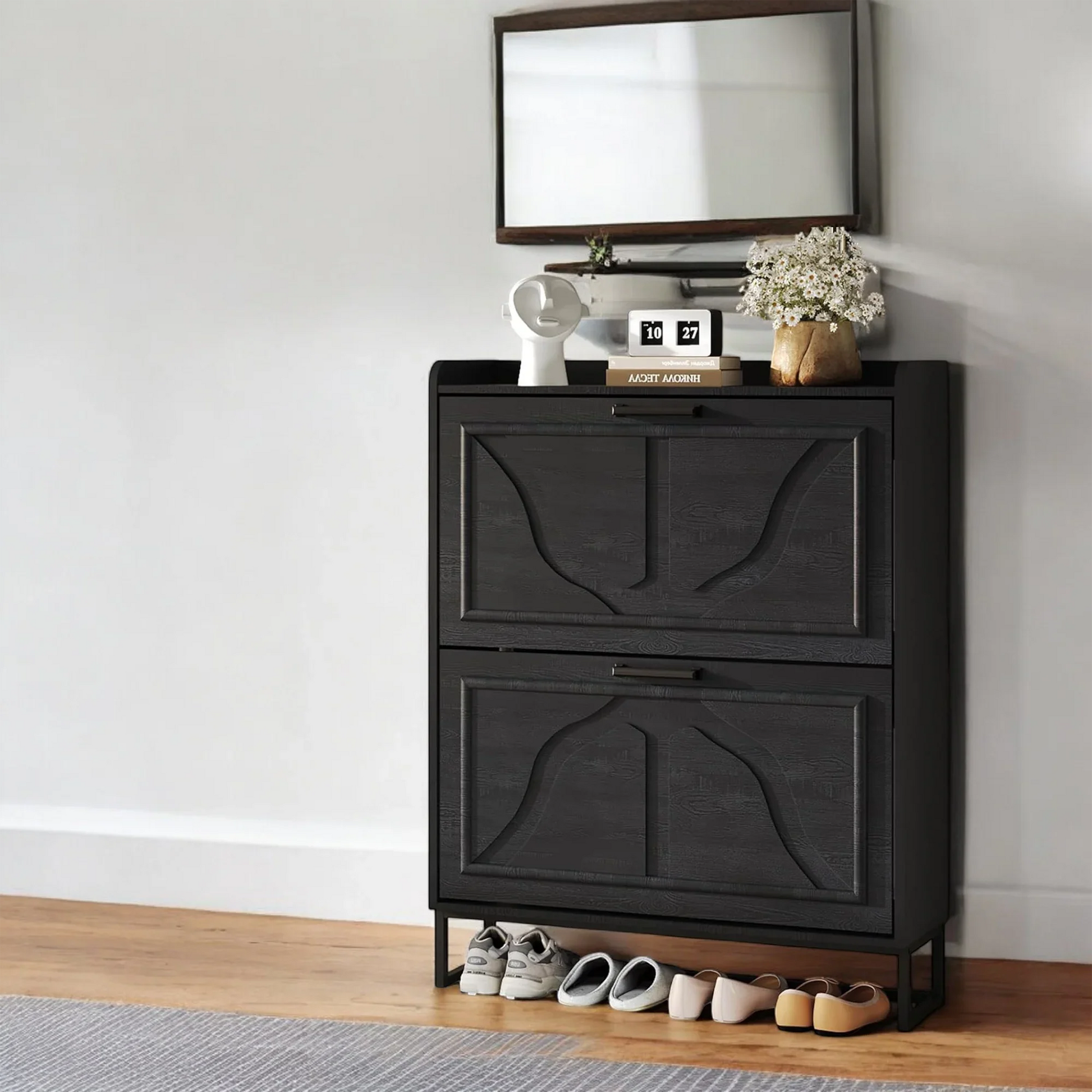 Modern Black Shoe Cabinet with 2 Flip Drawers & Open Shelf 