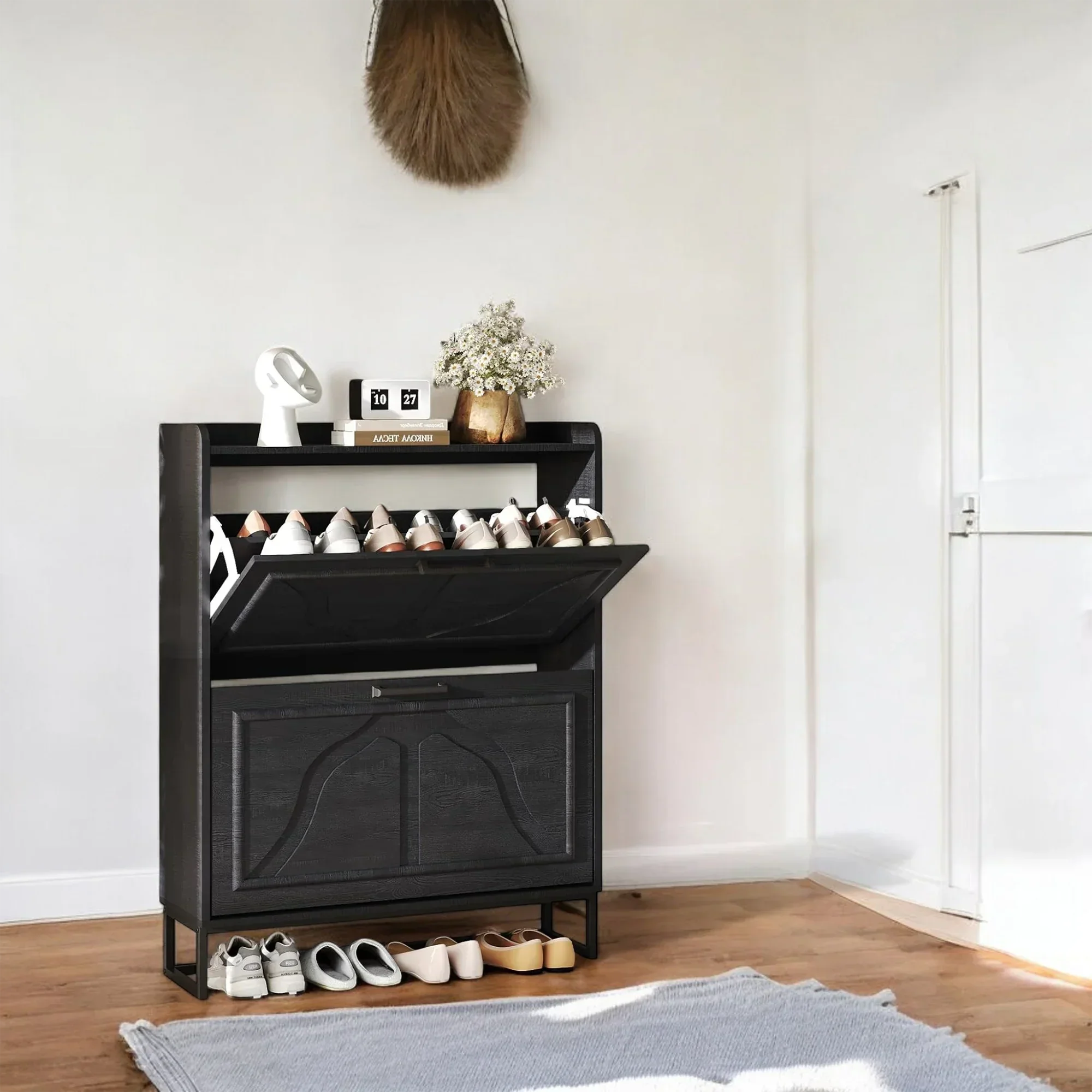 Modern Black Shoe Cabinet with 2 Flip Drawers & Open Shelf 
