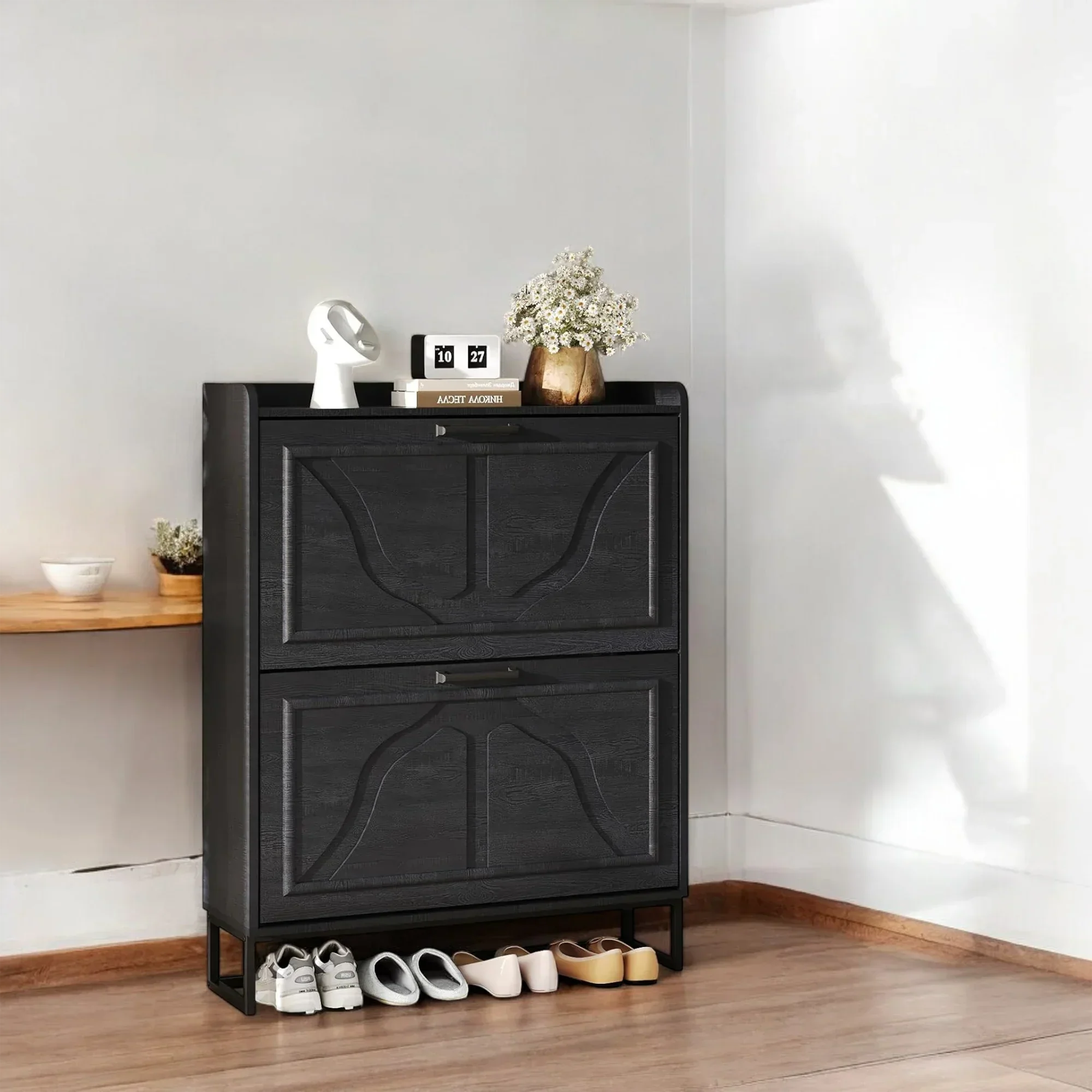 Modern Black Shoe Cabinet with 2 Flip Drawers & Open Shelf 
