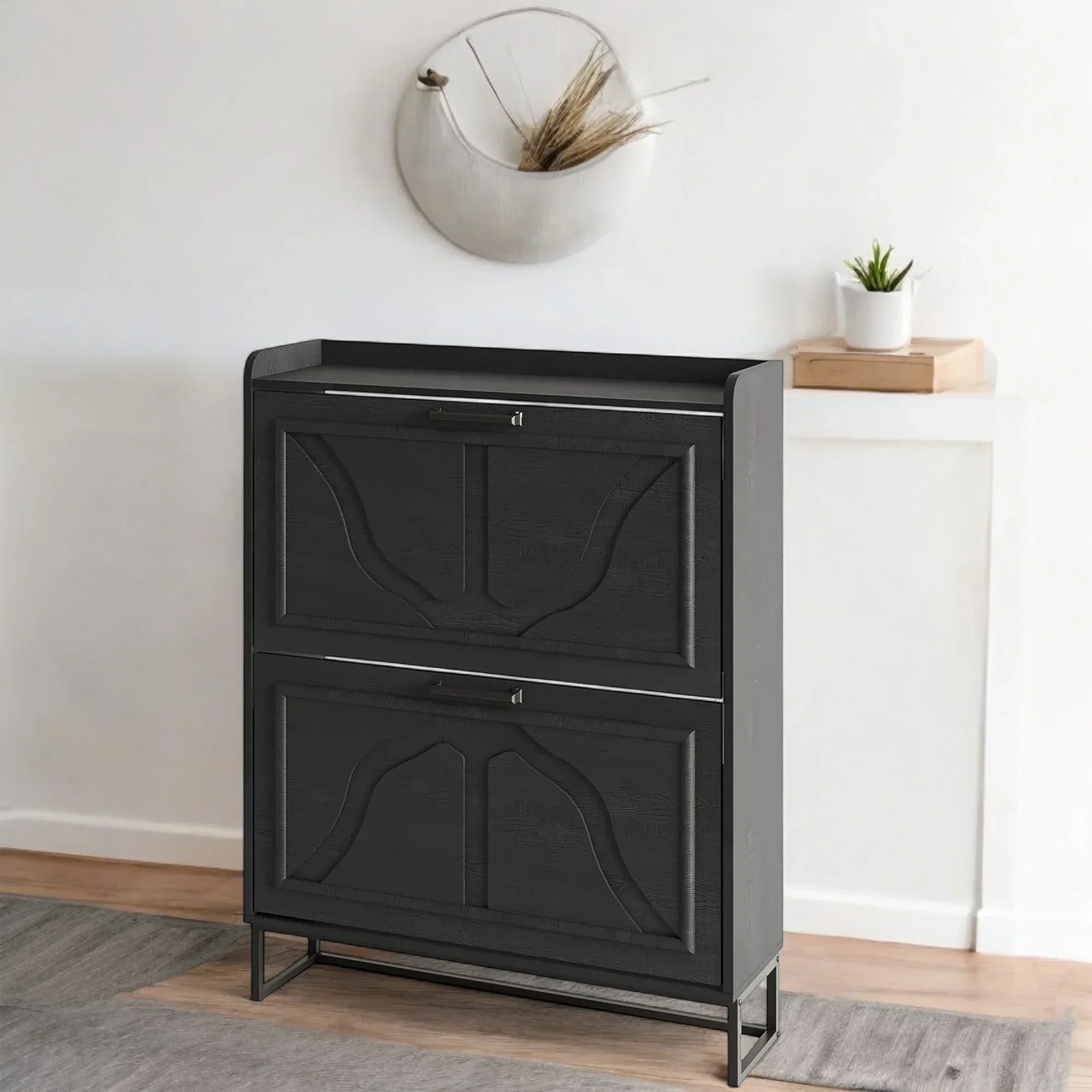 Modern Black Shoe Cabinet with 2 Flip Drawers & Open Shelf 