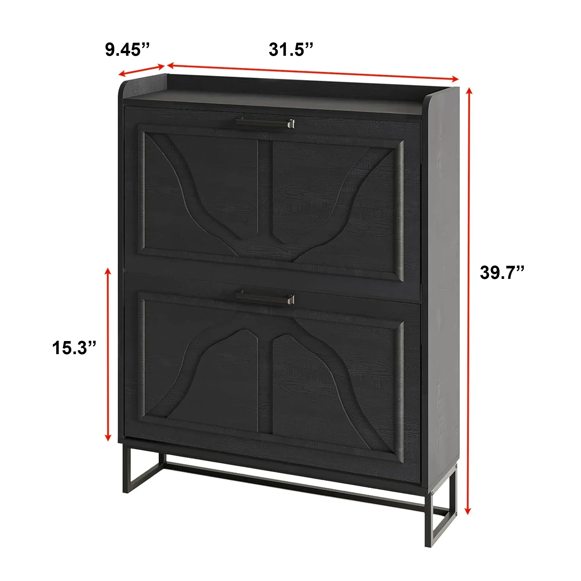 Modern Black Shoe Cabinet with 2 Flip Drawers & Open Shelf 