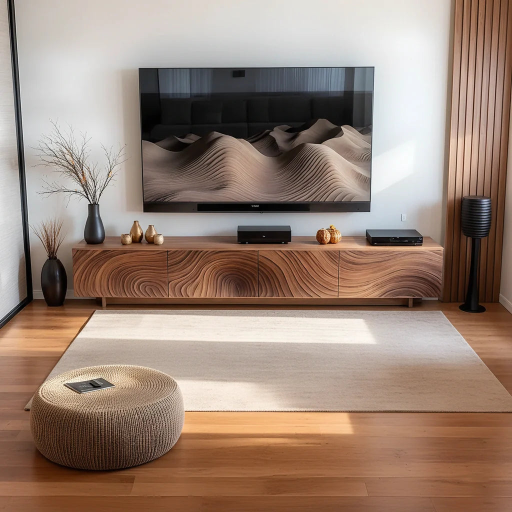 Modern Carved Wave Solid Wood TV Console – Luxury Organic Media Cabinet - Rustira