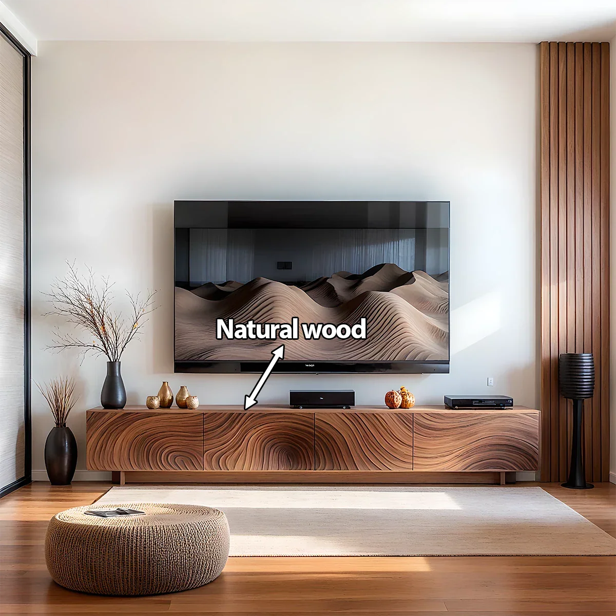 Modern Carved Wave Solid Wood TV Console – Luxury Organic Media Cabinet - Rustira