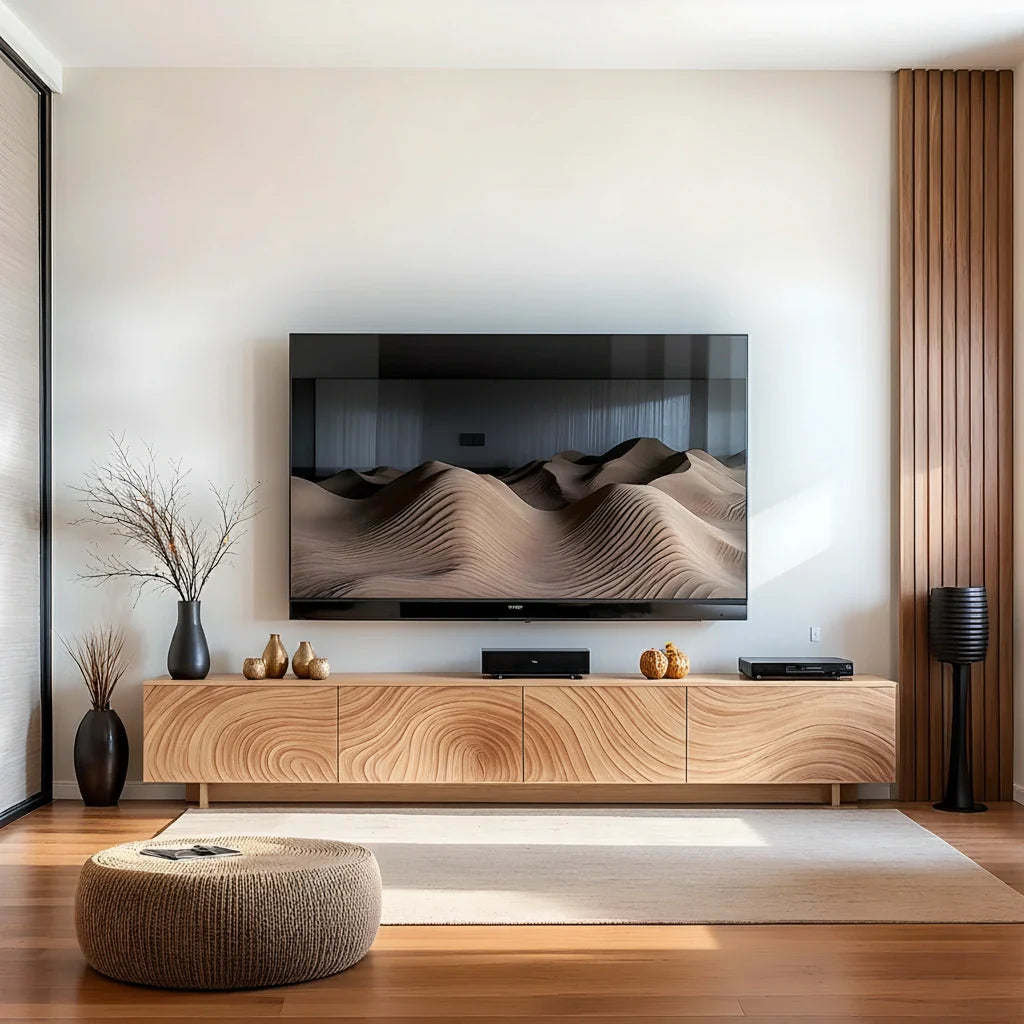 Modern Carved Wave Solid Wood TV Console – Luxury Organic Media Cabinet - Rustira