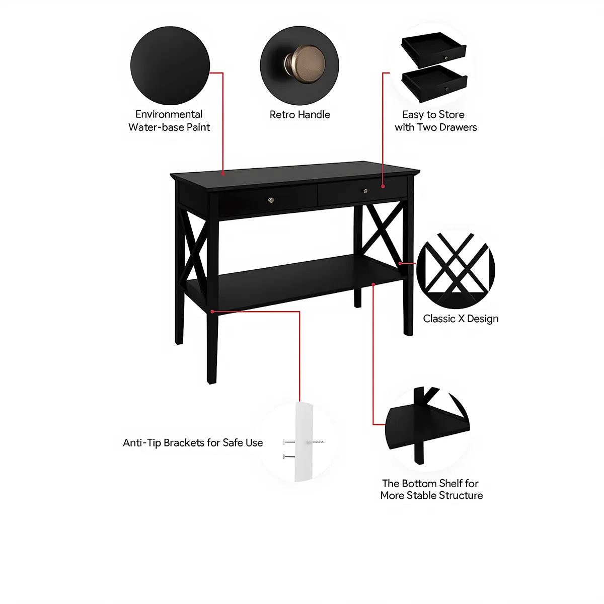 Modern Console Table with 2 Drawers + Bottom Shelf – 39.4″×11.8″×31.5″ – Luxurious Black 