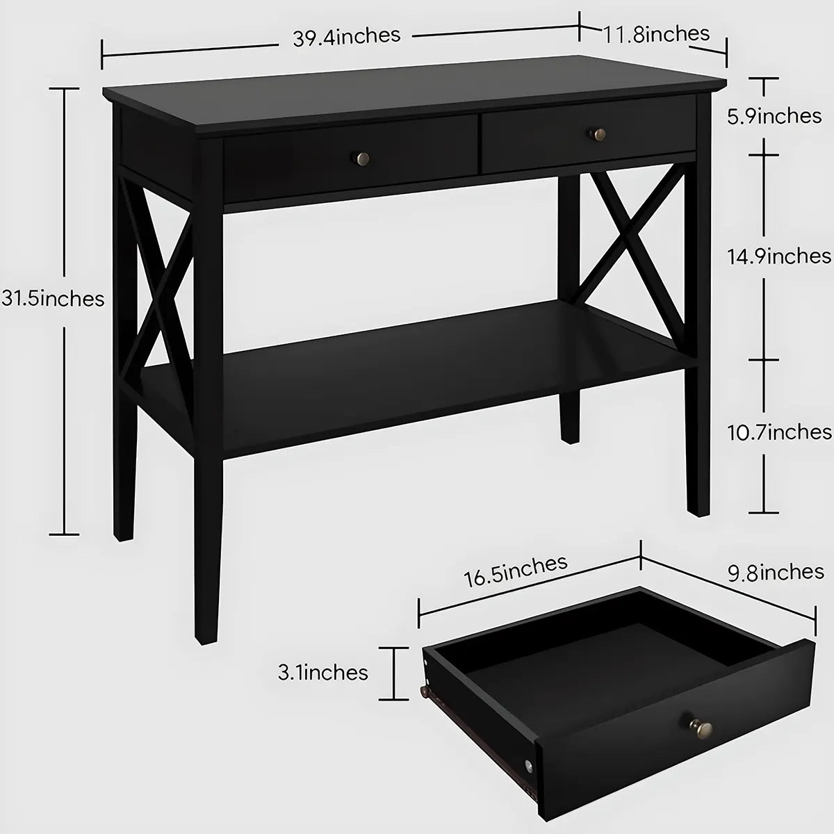 Modern Console Table with 2 Drawers + Bottom Shelf – 39.4″×11.8″×31.5″ – Luxurious Black 