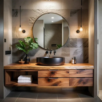 Modern Floating Natural Solid Wood Bathroom Vanity - Rustirawood