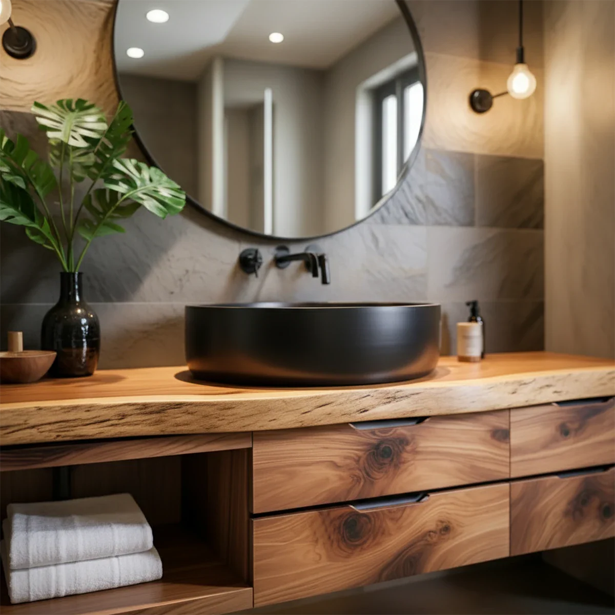 Modern Floating Natural Solid Wood Bathroom Vanity - Rustira