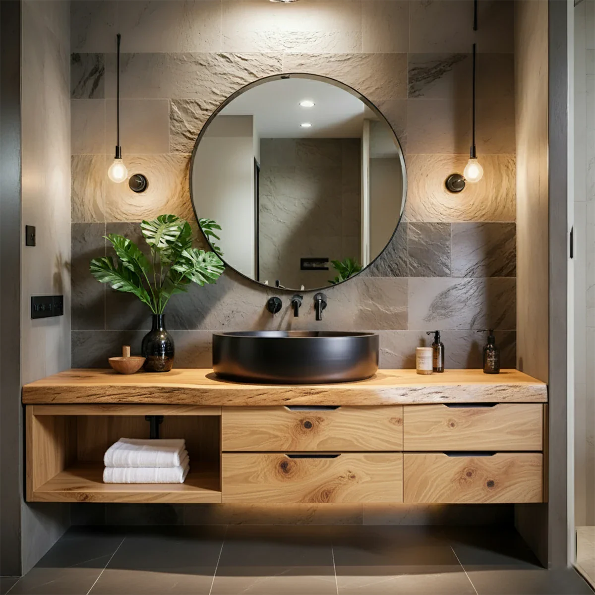 Modern Floating Natural Solid Wood Bathroom Vanity - Rustira