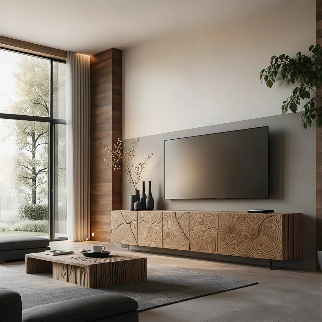 Modern Hand-Carved Solid Wood TV Console & Coffee Table Set – Organic Line Art - Rustira