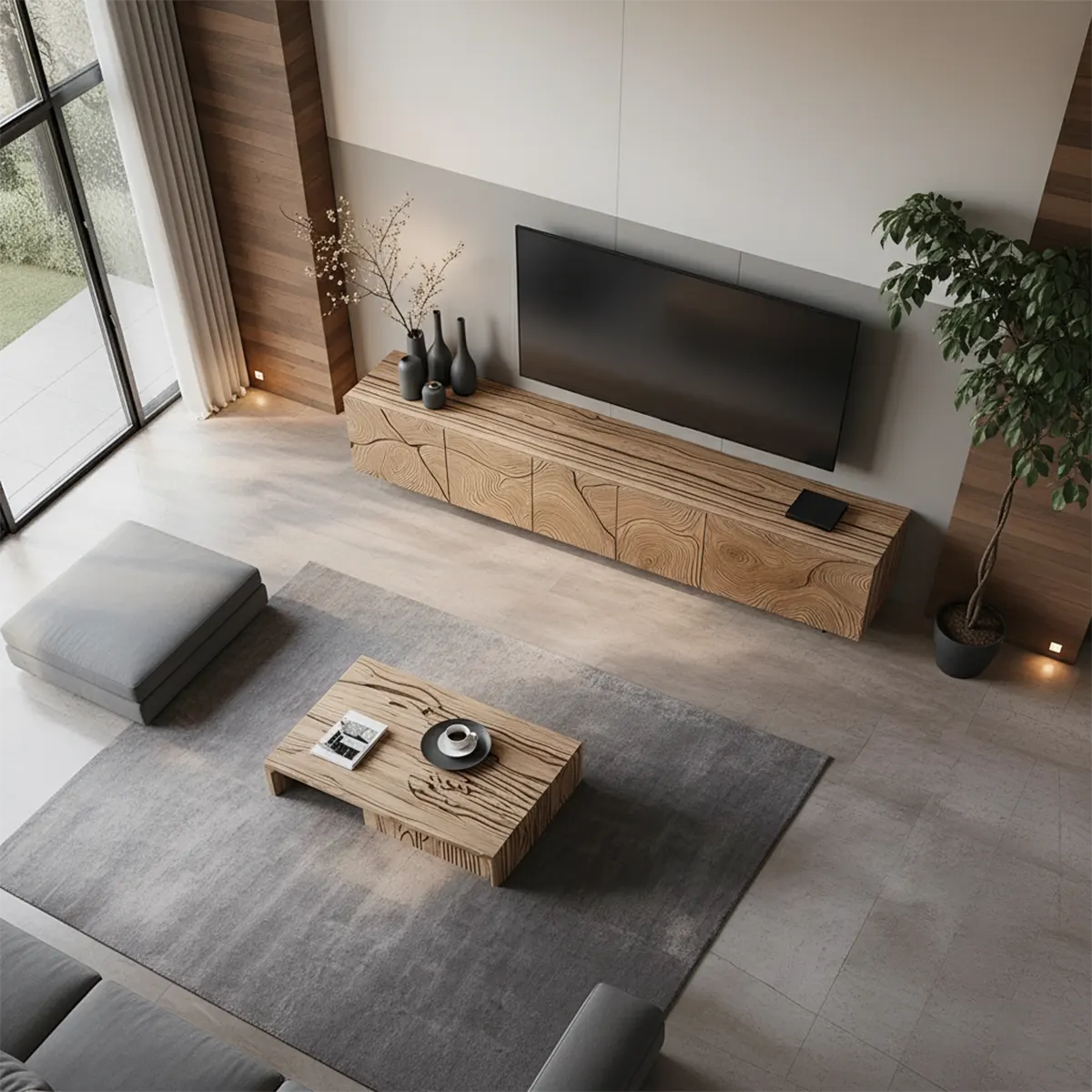 Modern Hand-Carved Solid Wood TV Console & Coffee Table Set – Organic Line Art - Rustira