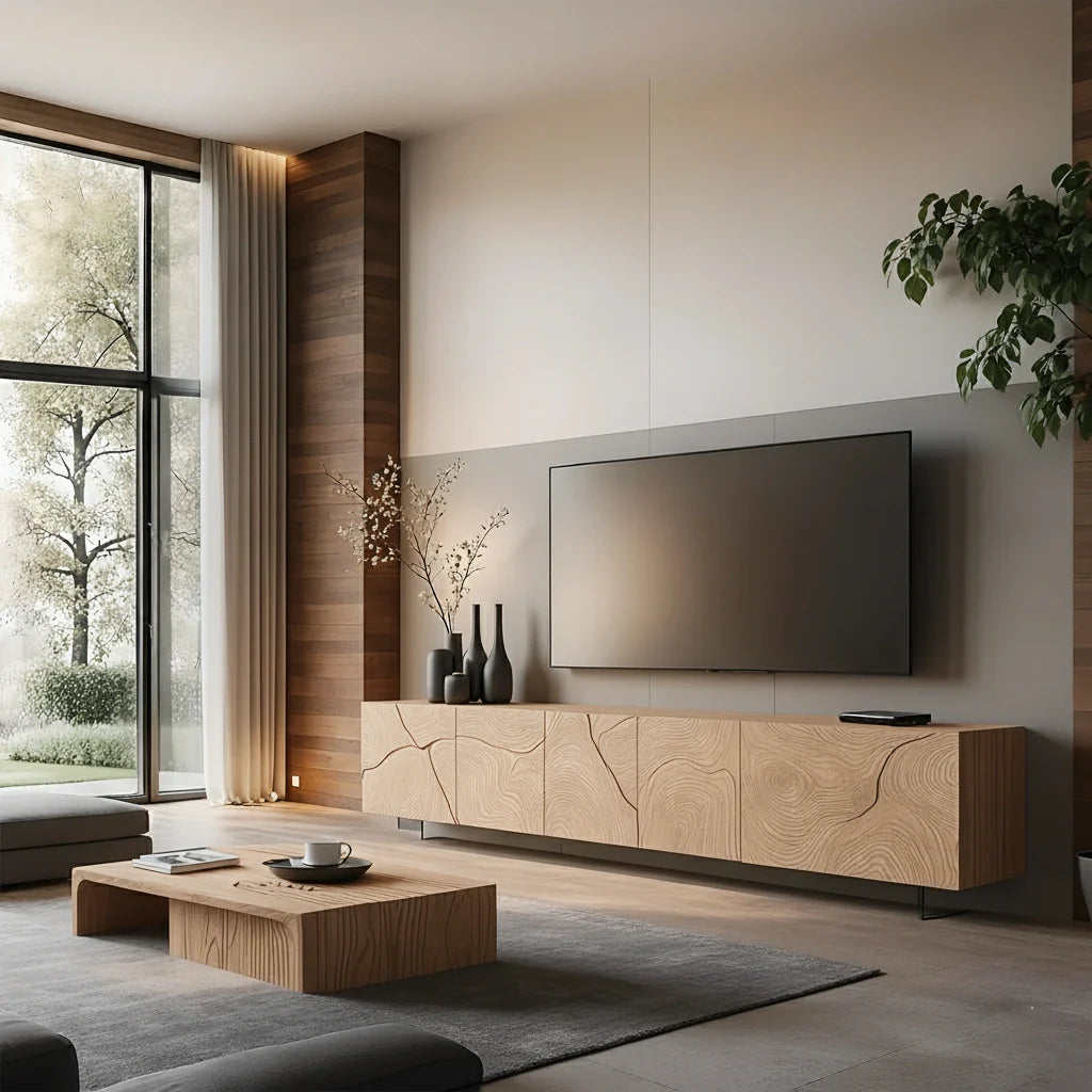 Modern Hand-Carved Solid Wood TV Console & Coffee Table Set – Organic Line Art - Rustira