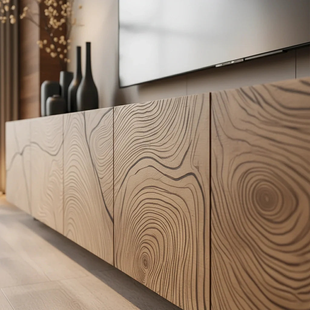 Modern Hand-Carved Solid Wood TV Console & Coffee Table Set – Organic Line Art - Rustira