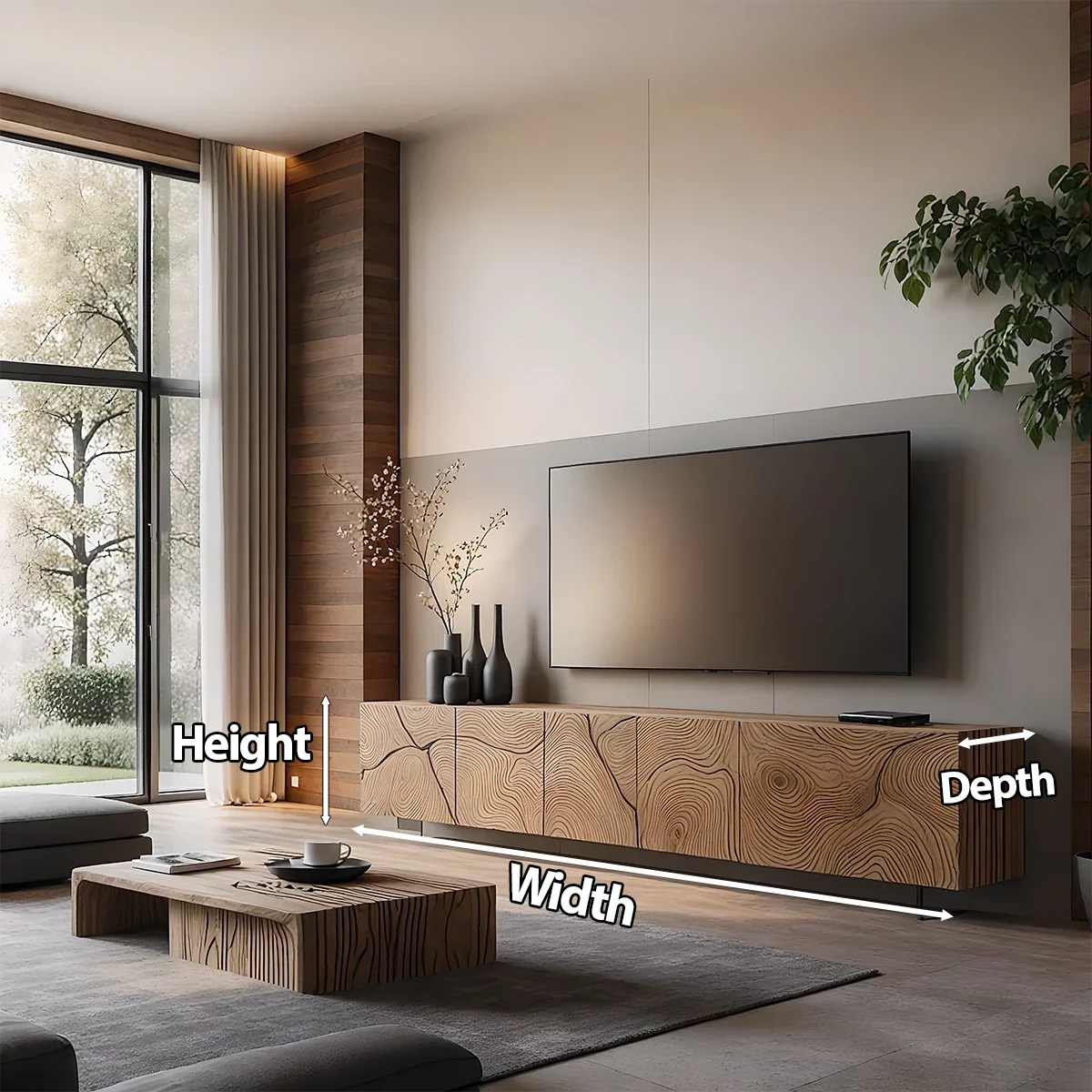 Modern Hand-Carved Solid Wood TV Console & Coffee Table Set – Organic Line Art - Rustira