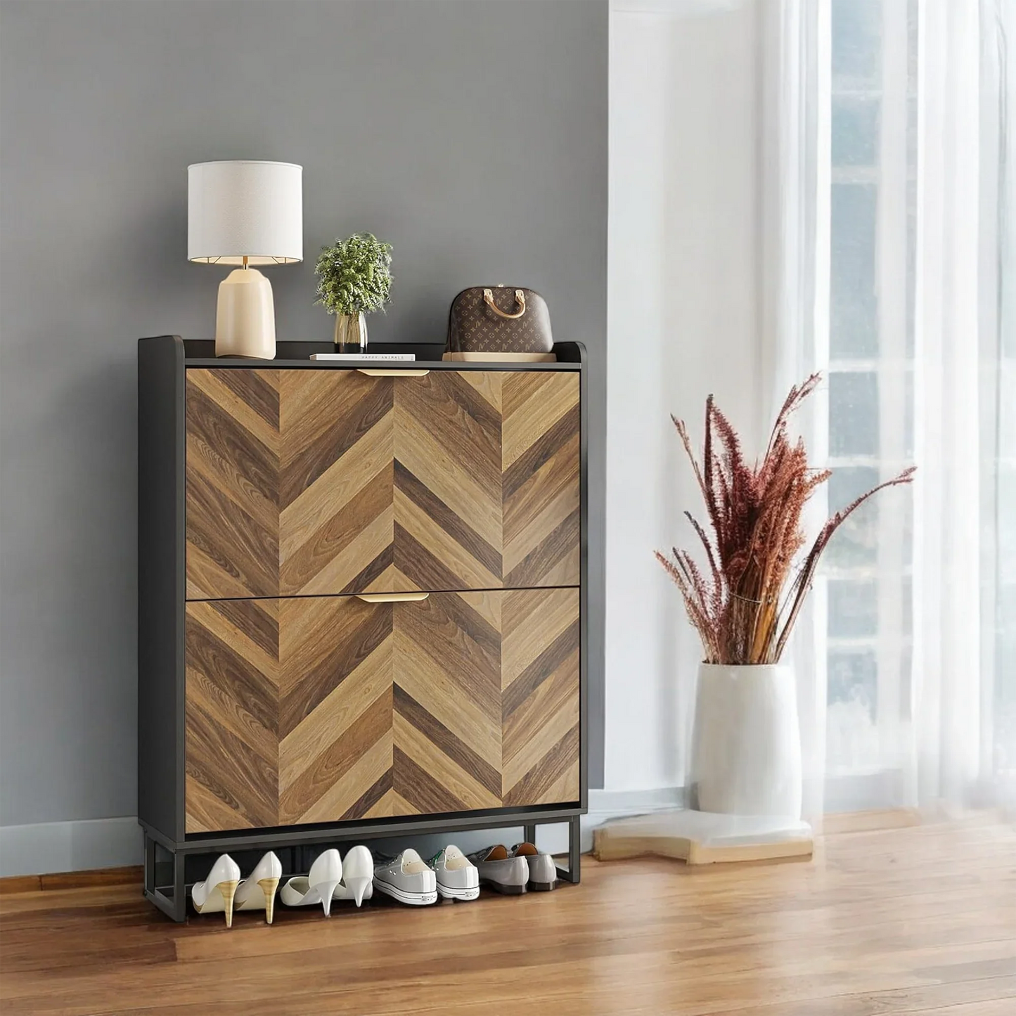 Modern Herringbone Wooden Shoe Cabinet – Slim 2 Flip Drawers 