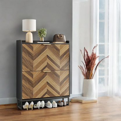 Modern Herringbone Wooden Shoe Cabinet – Slim 2 Flip Drawers 