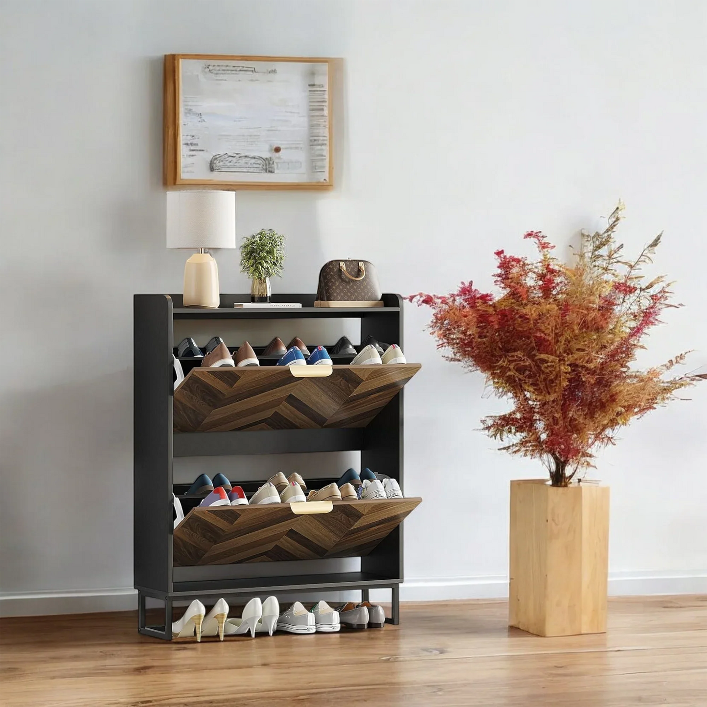 Modern Herringbone Wooden Shoe Cabinet – Slim 2 Flip Drawers 