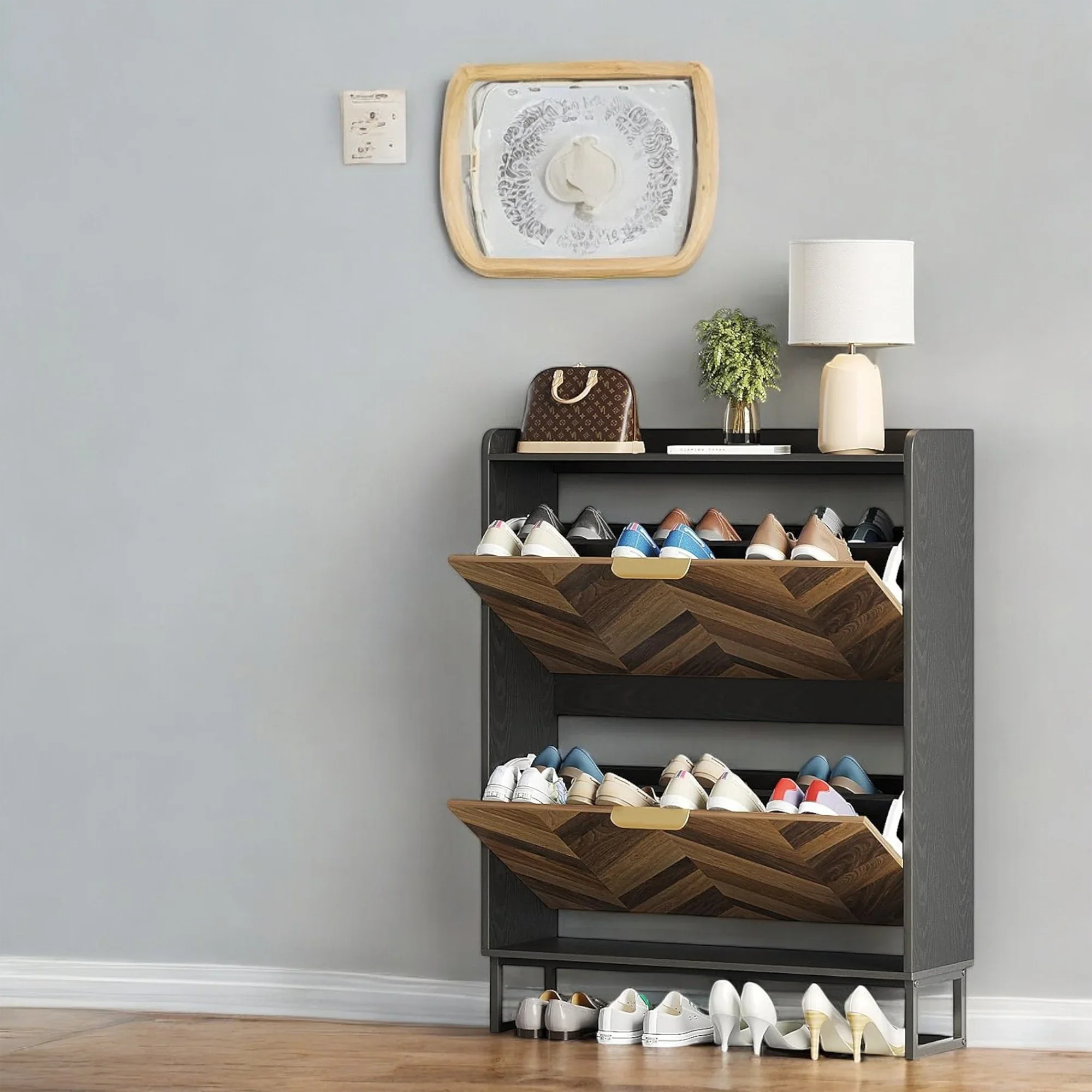 Modern Herringbone Wooden Shoe Cabinet – Slim 2 Flip Drawers 