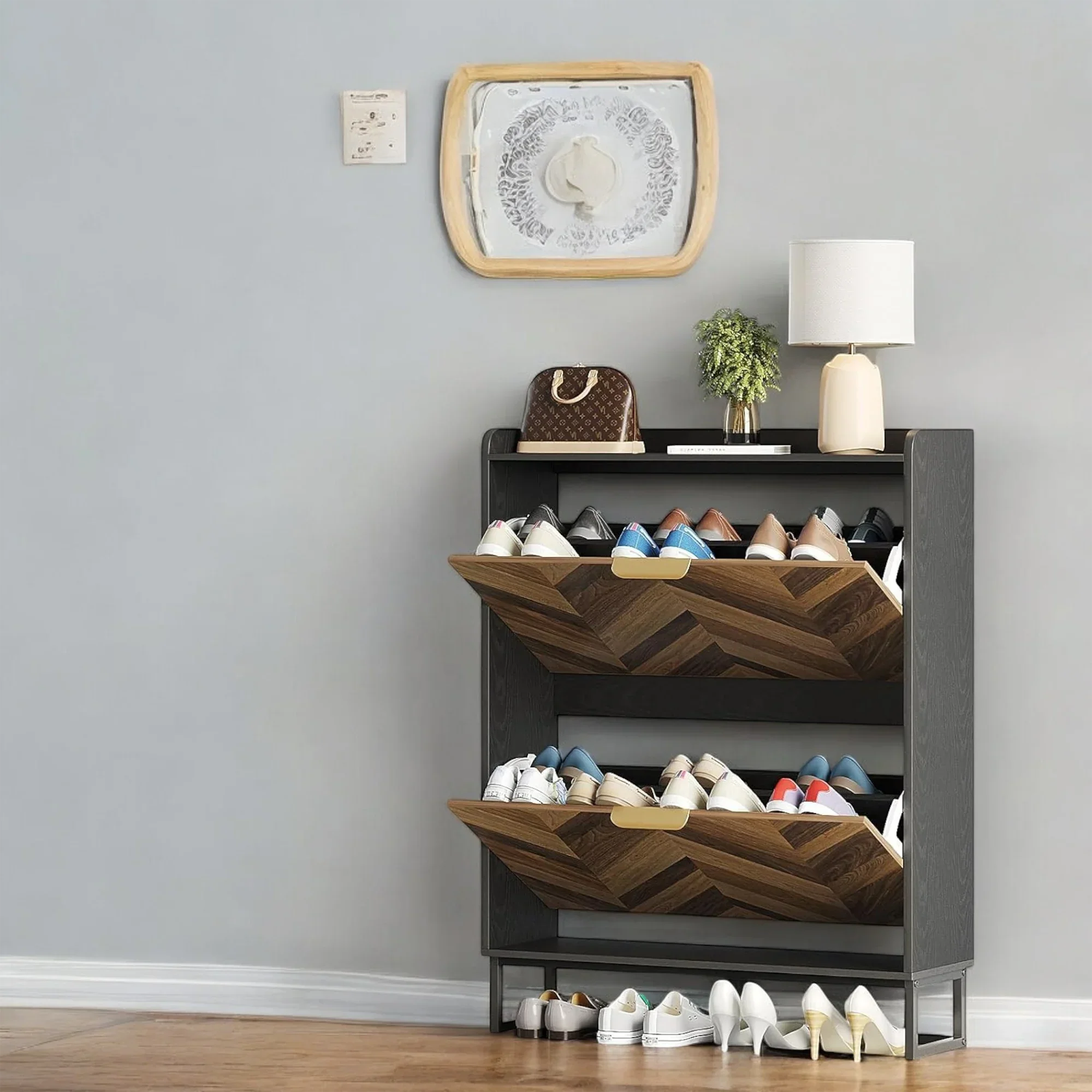 Modern Herringbone Wooden Shoe Cabinet – Slim 2 Flip Drawers 