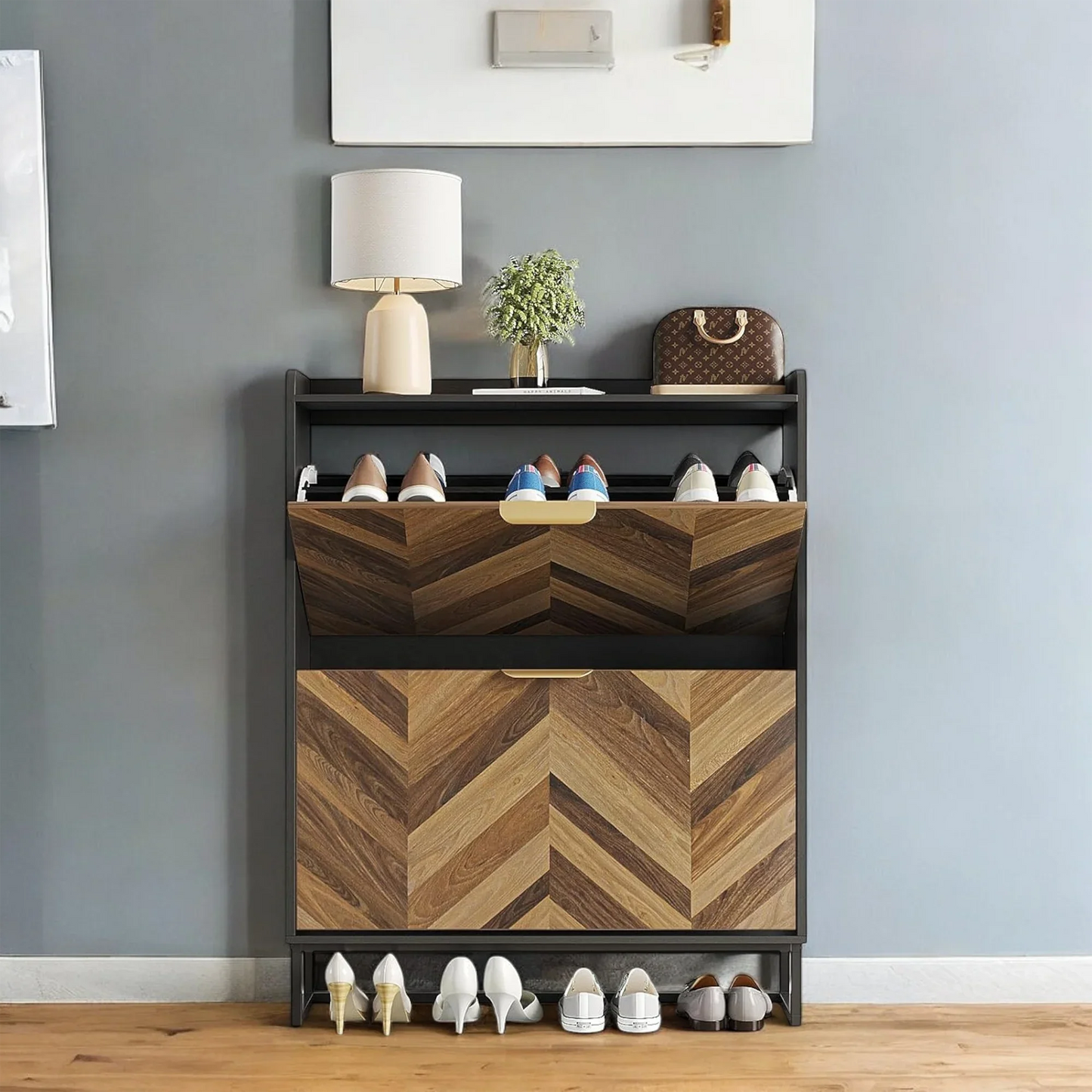 Modern Herringbone Wooden Shoe Cabinet – Slim 2 Flip Drawers 