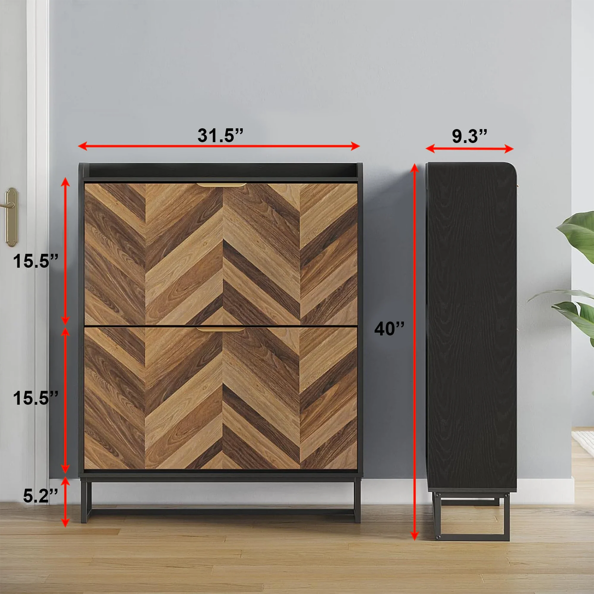 Modern Herringbone Wooden Shoe Cabinet – Slim 2 Flip Drawers 