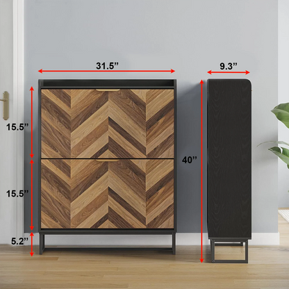 Modern Herringbone Wooden Shoe Cabinet – Slim 2 Flip Drawers 