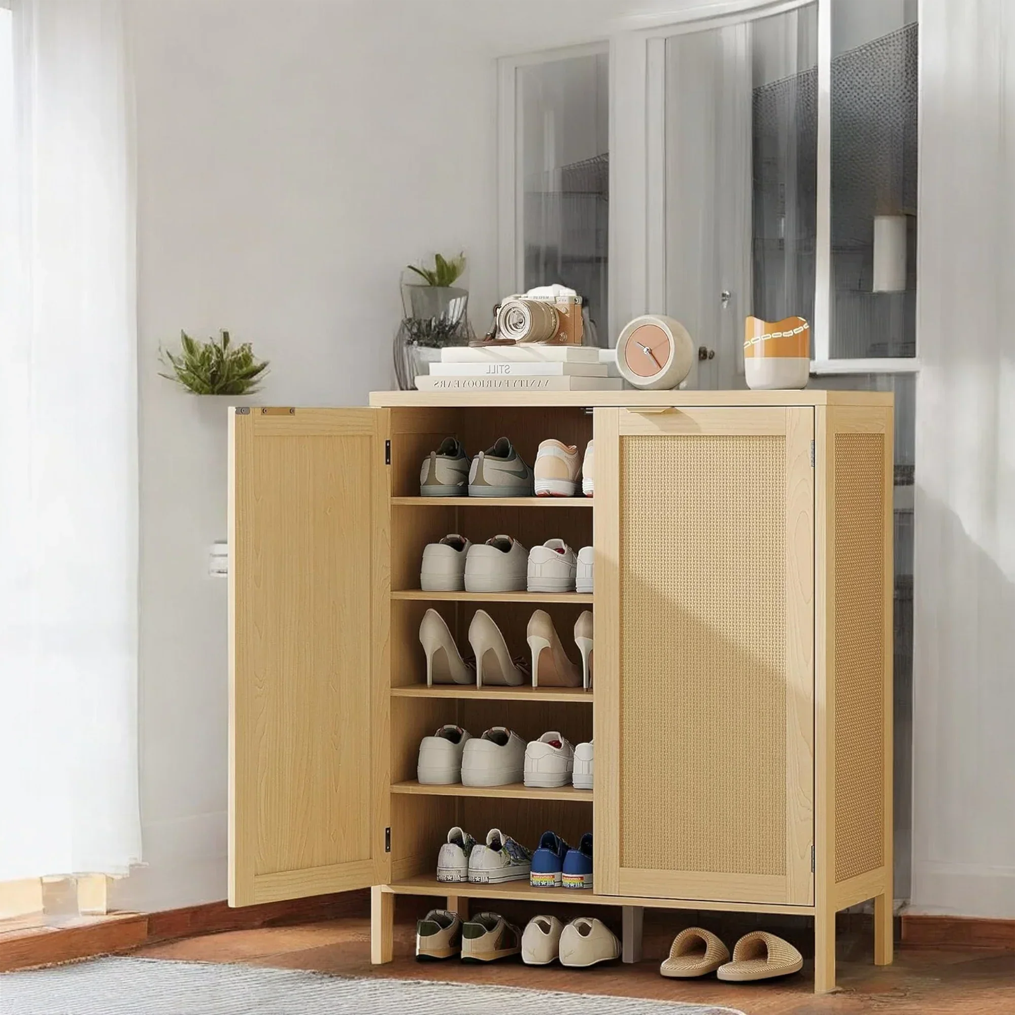 Modern Natural Rattan Shoe Cabinet with Adjustable Shelves 