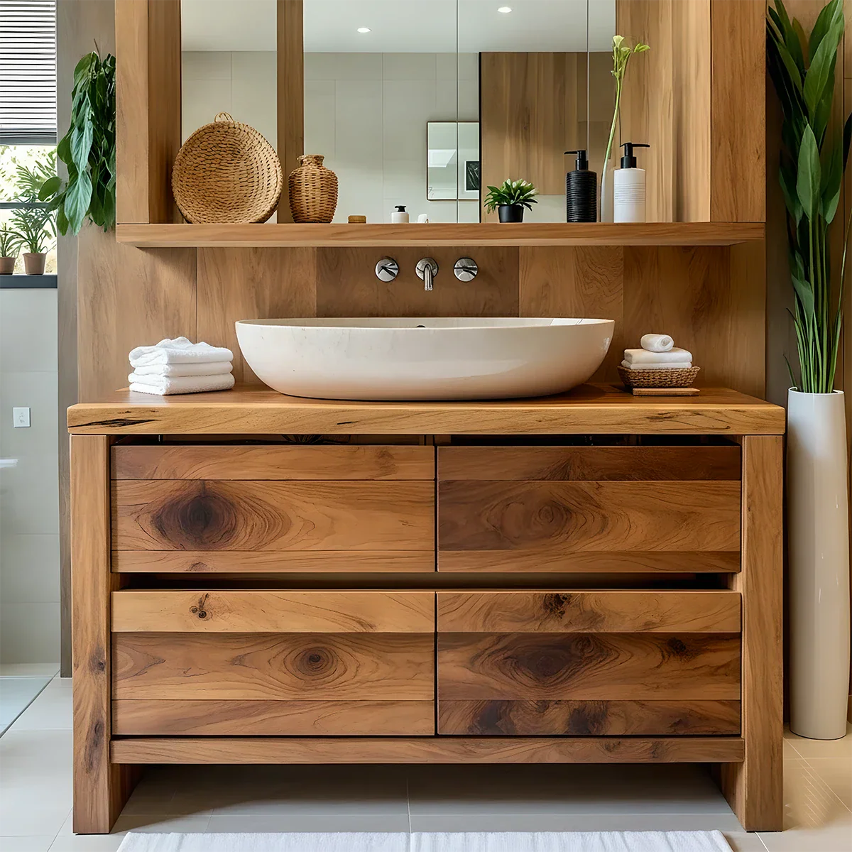 Modern Natural Solid Wood Vanity with Wide Grain Drawers - Rustira